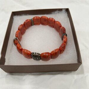 New Silpada B2259 Carved Red Coral Stretch Bracelet .925 Sterling Silver
